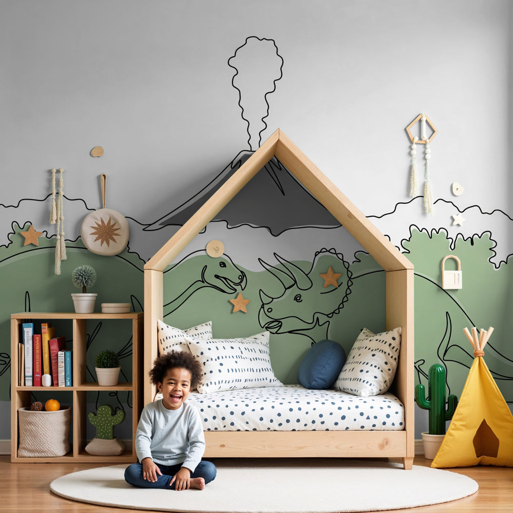 Dinosaur volcano mural wallpaper in modern nursery with prehistoric theme by Kids-Mundo