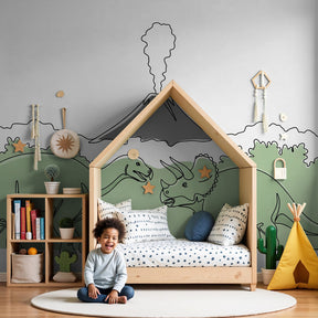 Dinosaur volcano mural wallpaper in modern nursery with prehistoric theme by Kids-Mundo