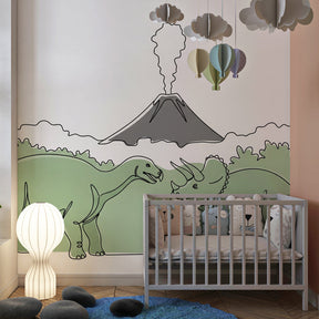 Volcanic dinosaur mural wallpaper transforming children's playroom into prehistoric adventure space