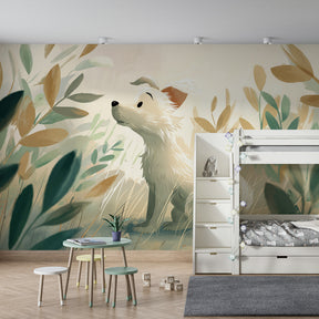 Adorable puppy mural wallpaper in children's bedroom with natural wood furniture and soft lighting