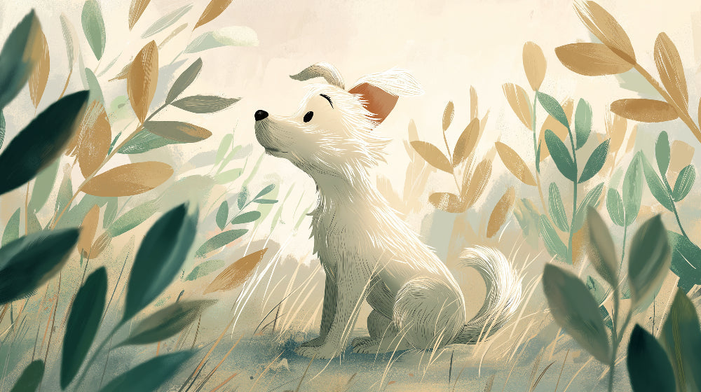 Detailed dog nature mural wallpaper design pattern showing adorable puppy in botanical setting by Kids-Mundo