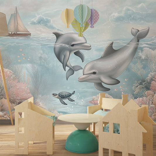 Kids-Mundo dolphin wall mural covering a kids bedroom wall beside a bed and shelf
