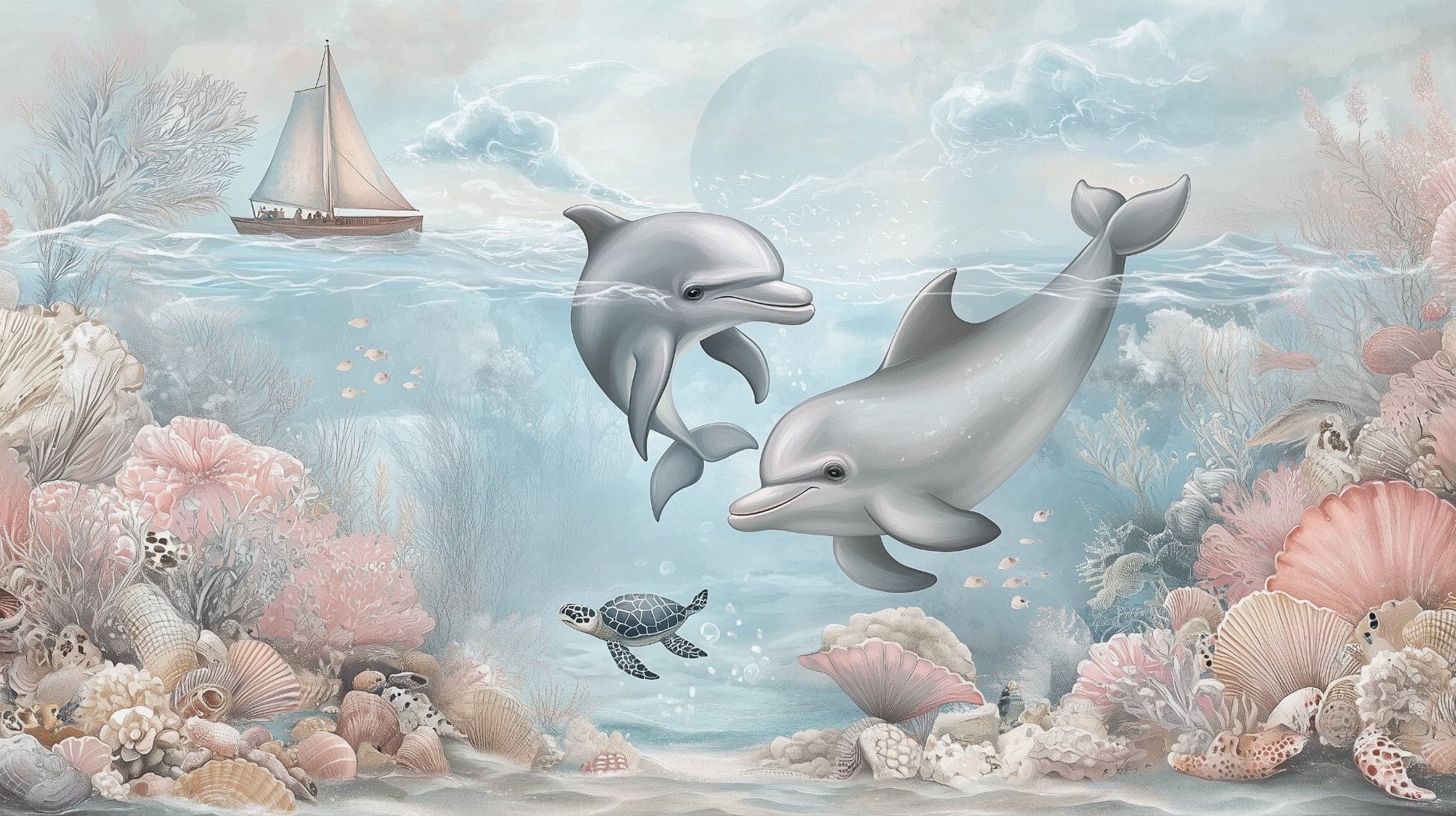 Kids-Mundo flat artwork of two dolphins, a sailing boat and a turtle over pastel coral shells
