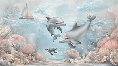 Kids-Mundo flat artwork of two dolphins, a sailing boat and a turtle over pastel coral shells