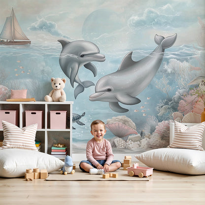 Kids-Mundo dolphin wall mural in a pale pink nursery behind a cot and soft toys