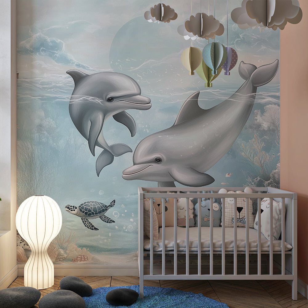 Kids-Mundo dolphin wall mural filling a playroom wall with a soft coral shoreline scene