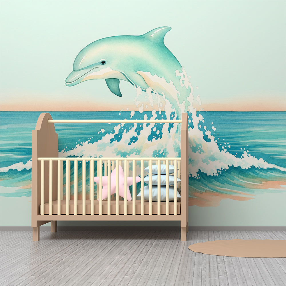Kids-Mundo made-to-measure dolphin mural fitted to a child's bedroom wall.