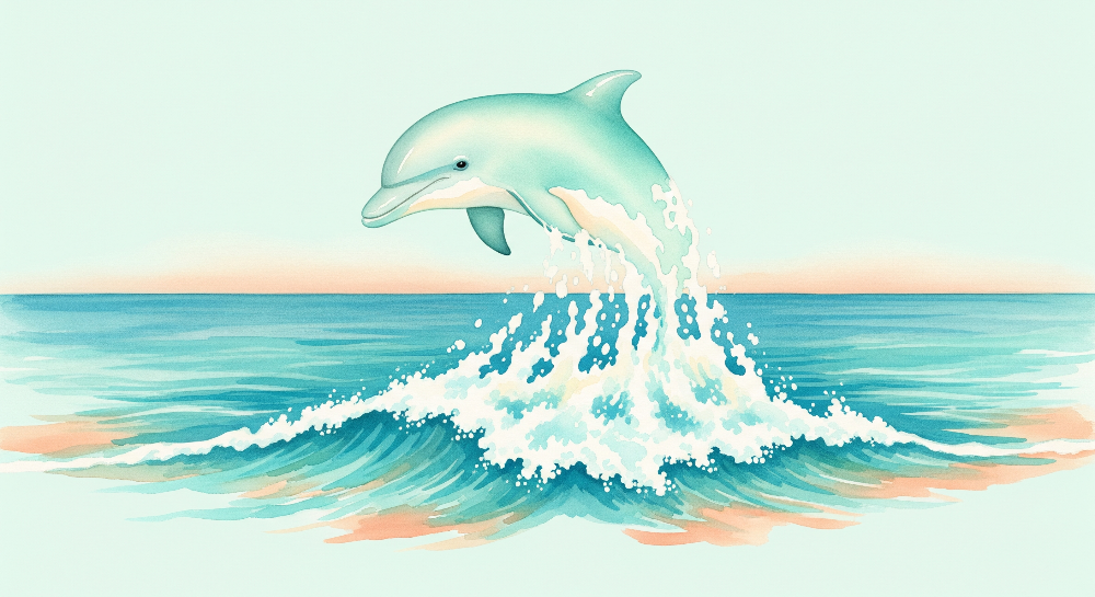 Kids-Mundo flat artwork of a dolphin leaping over turquoise watercolour waves.