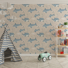 Soft blue dolphin wallpaper transforming children's bedroom with marine theme by Kids-Mundo