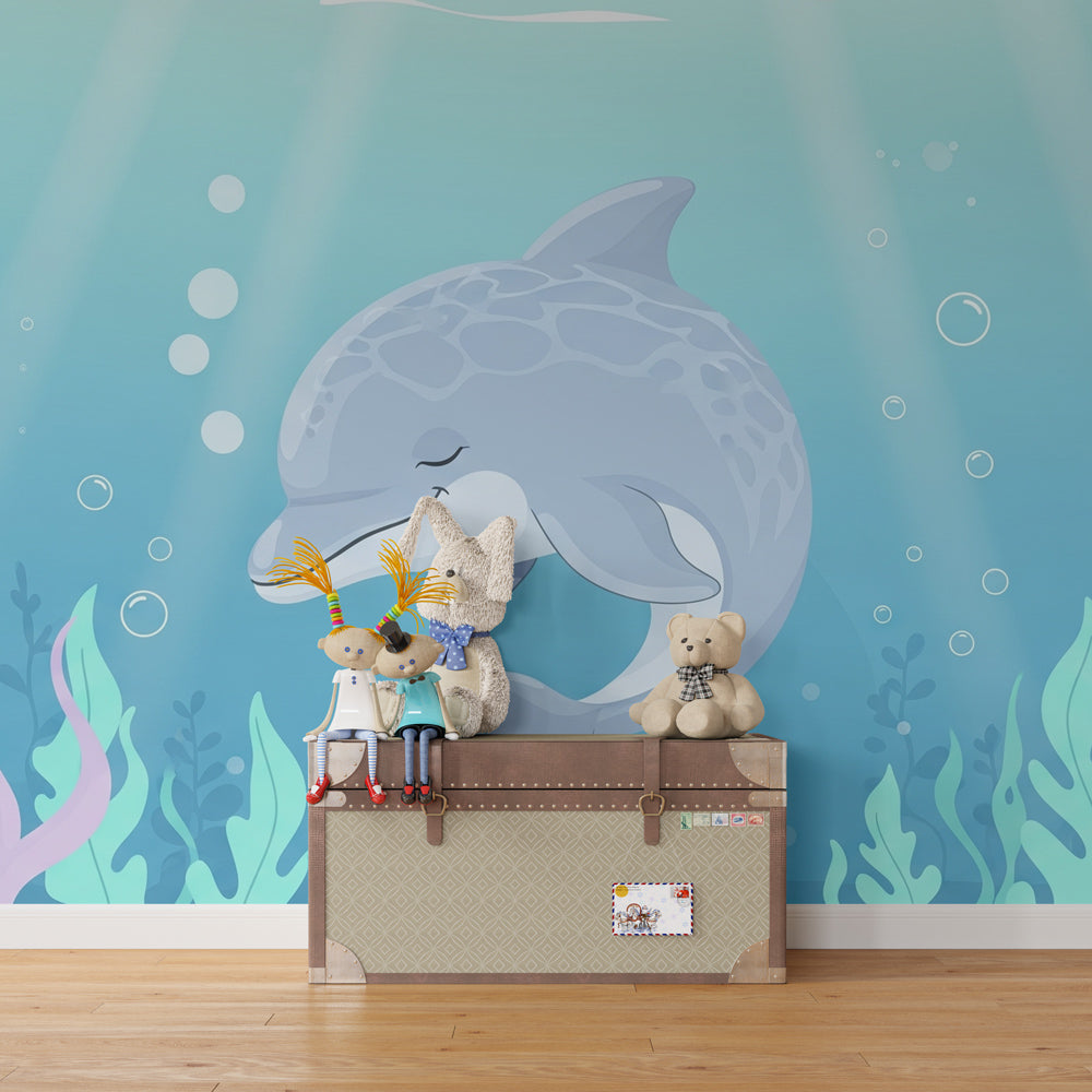 Ocean themed dolphin wallpaper transforming kids bedroom into marine paradise