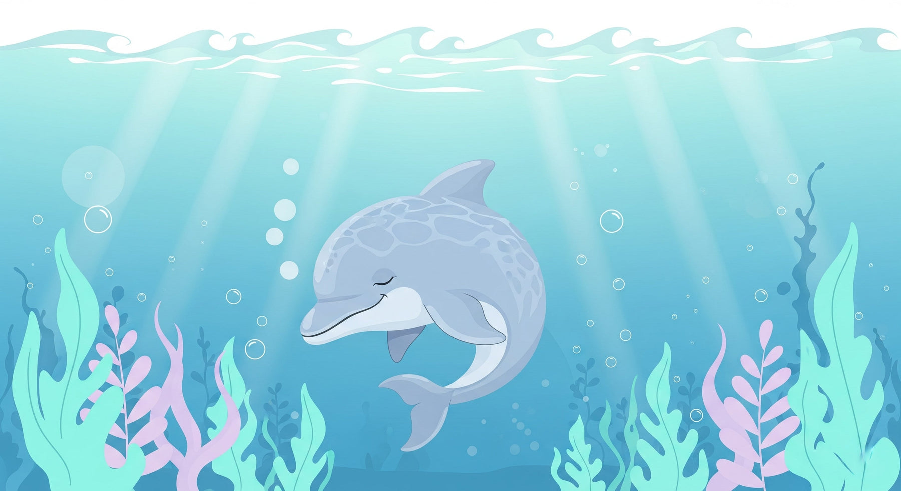 Detailed dolphin and aquatic plants mural wallpaper design pattern by Kids-Mundo