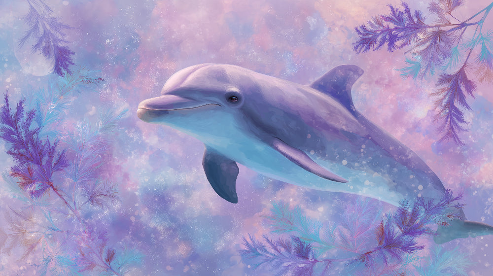 Detailed dolphin and seaweed mural wallpaper design pattern in soft pastels by Kids-Mundo