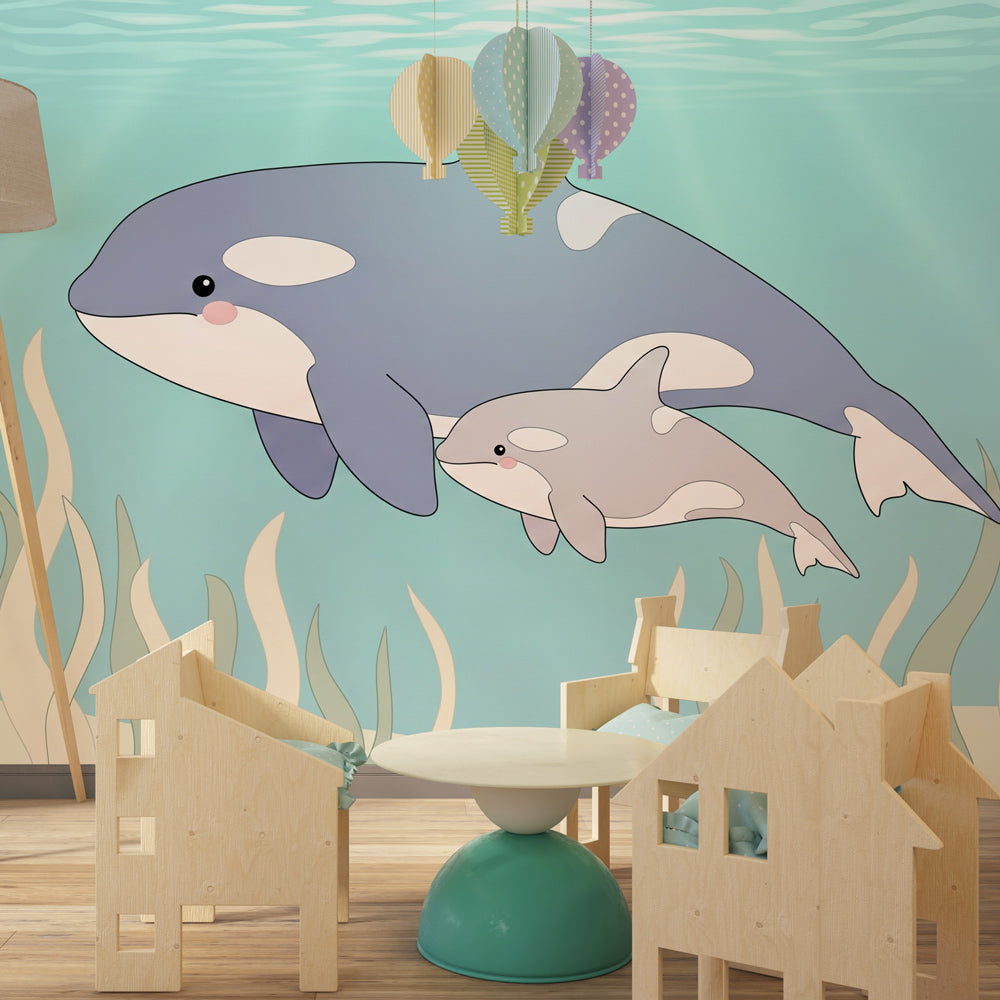 Playful dolphins mural wallpaper with coral and seaweed in bright kids room by Kids-Mundo