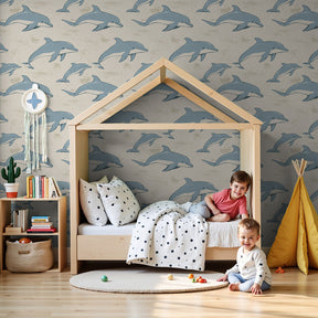 Dolphin mural wallpaper creating serene ocean atmosphere in modern kids bedroom by Kids-Mundo