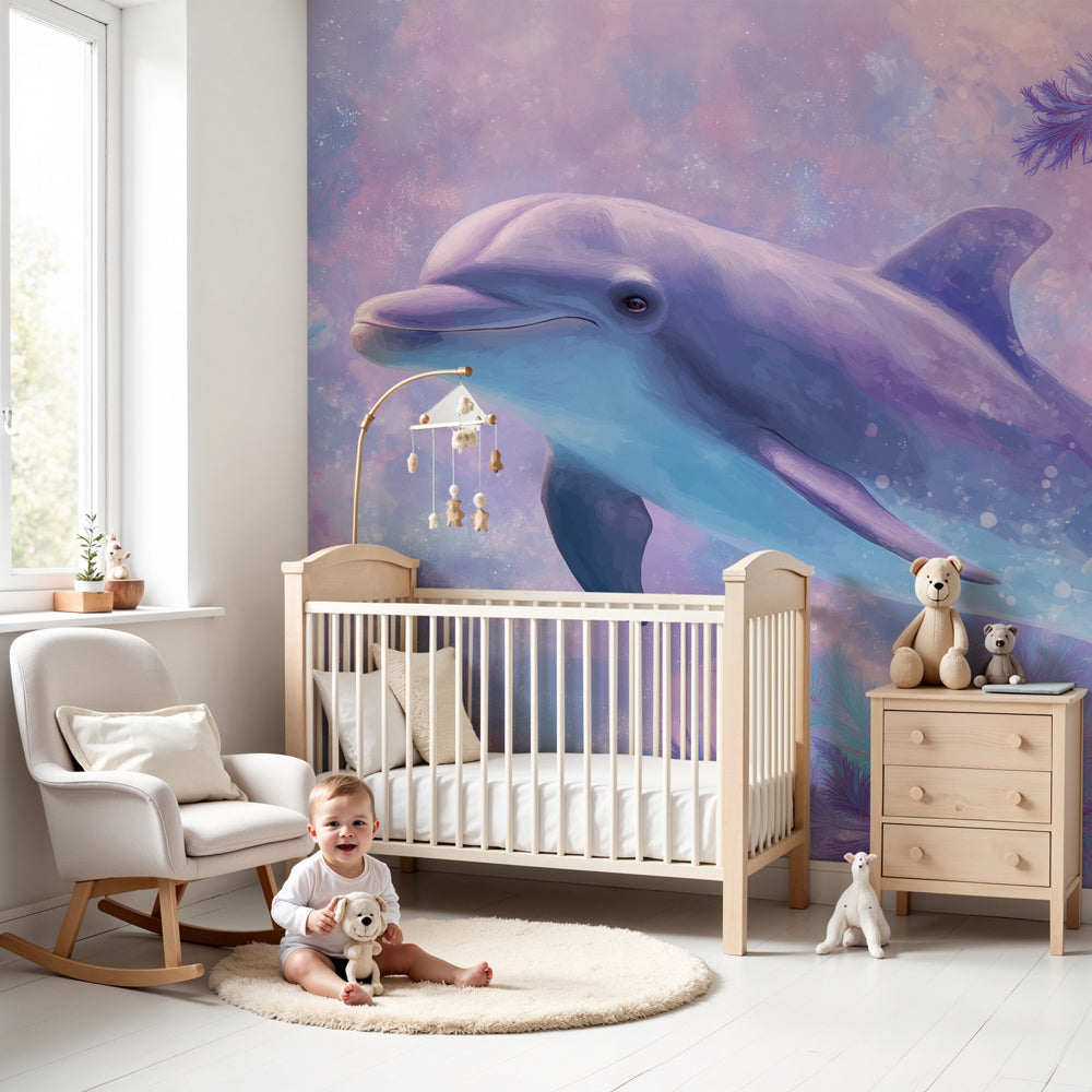 Dolphin mural wallpaper creating magical ocean nursery decor with soft purple and blue tones by Kids-Mundo