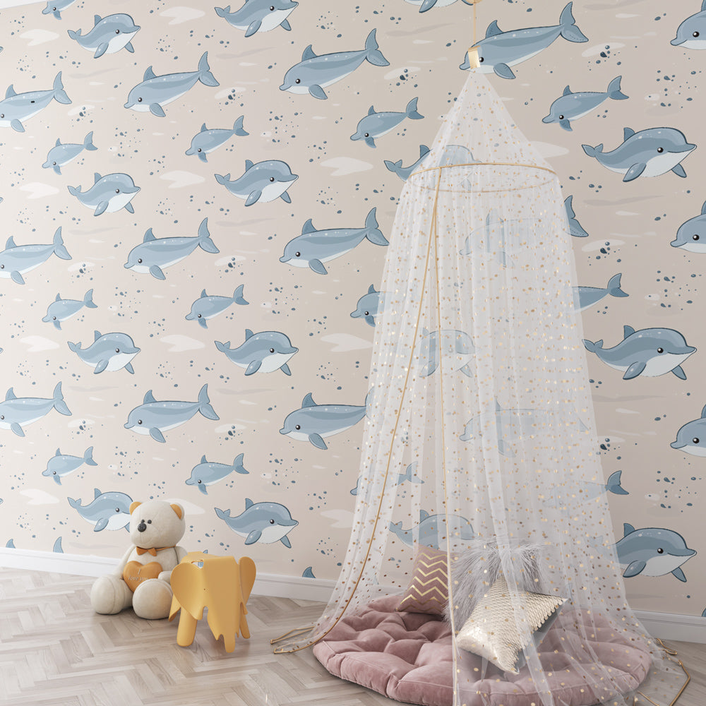Ocean-themed dolphin wallpaper creating imaginative play space for kids by Kids-Mundo