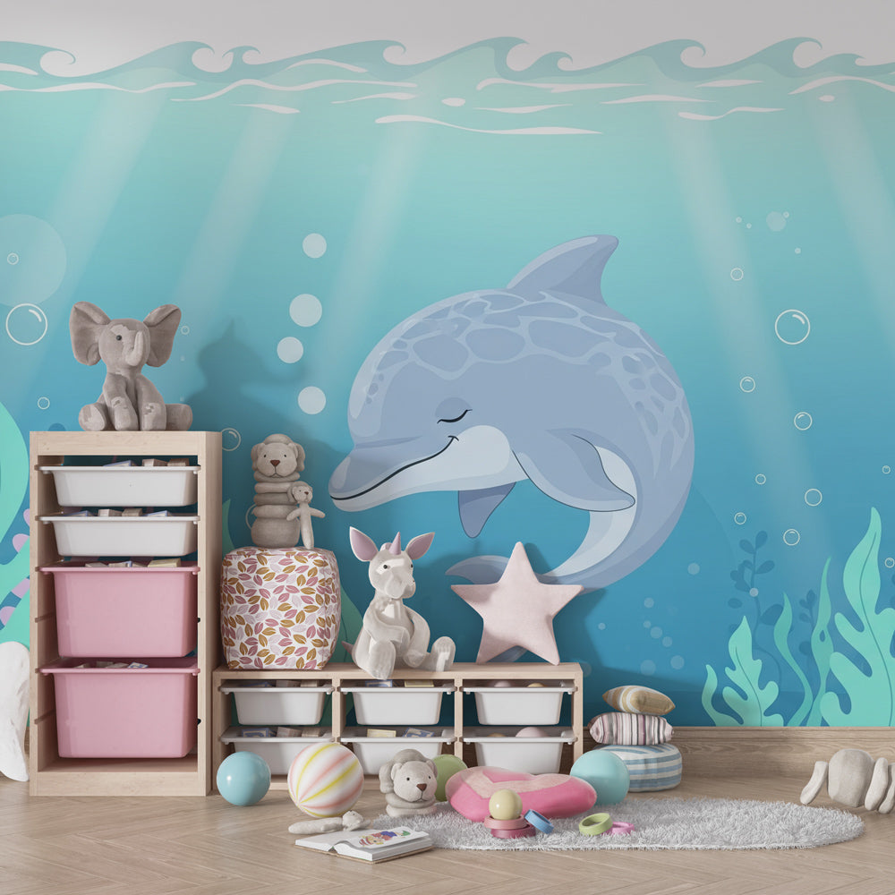Playful dolphin wall mural with turquoise waters in children's playroom setting