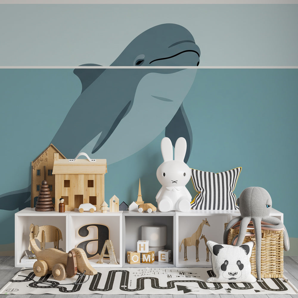 Ocean themed mural wallpaper for kids playroom with dolphin and starfish design