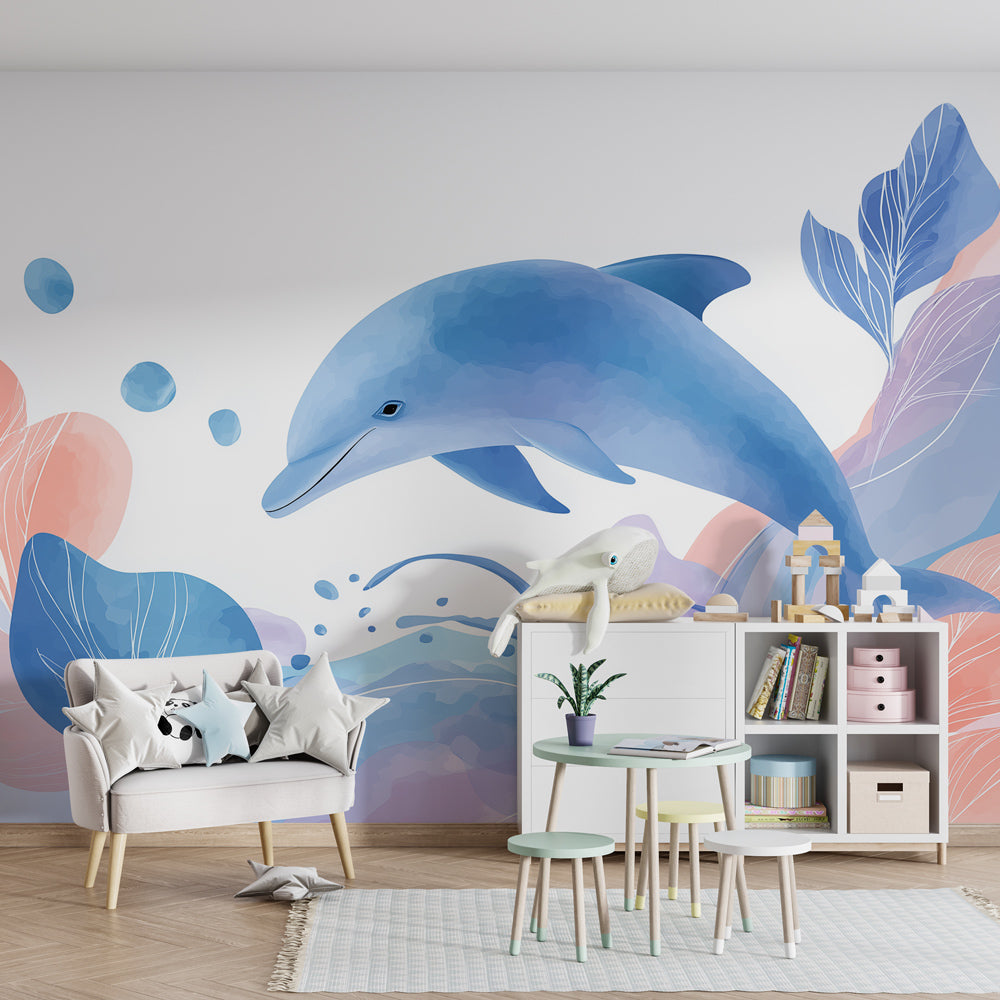 Ocean themed dolphin mural wallpaper for modern children's playroom by Kids-Mundo