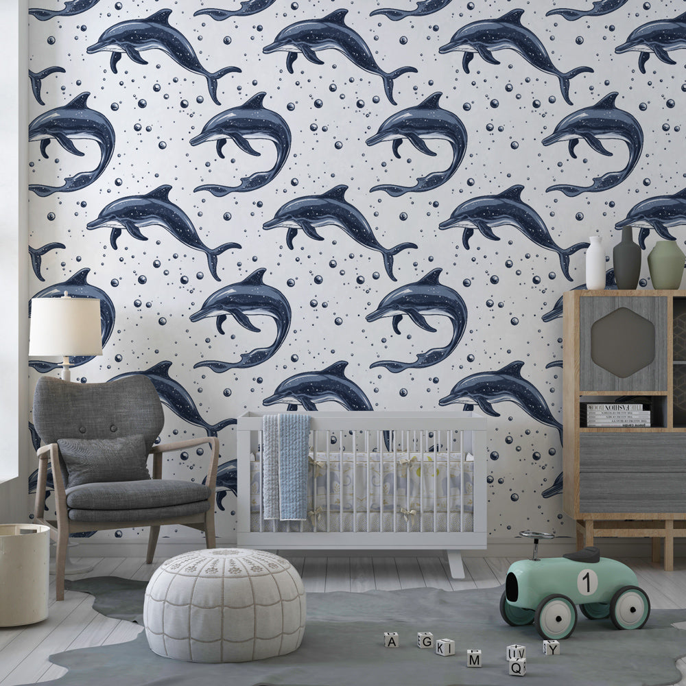 Ocean adventure playroom with dolphin and bubbles mural wallpaper installation