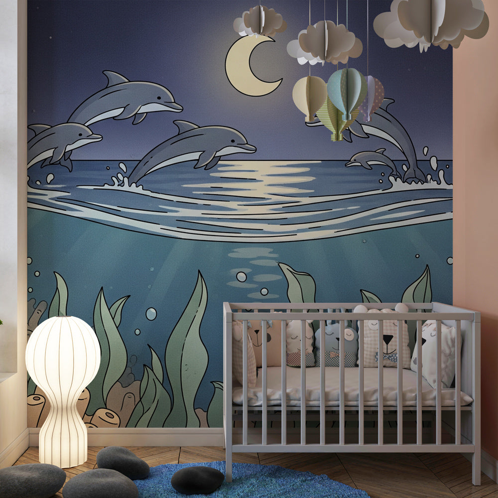 Marine life mural wallpaper with dolphins and corals in bright kids playroom