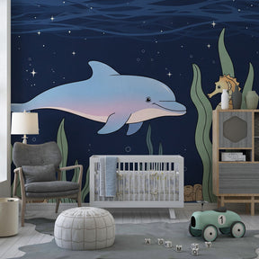 Dolphin and seahorse wallpaper creating underwater themed kids bedroom decor