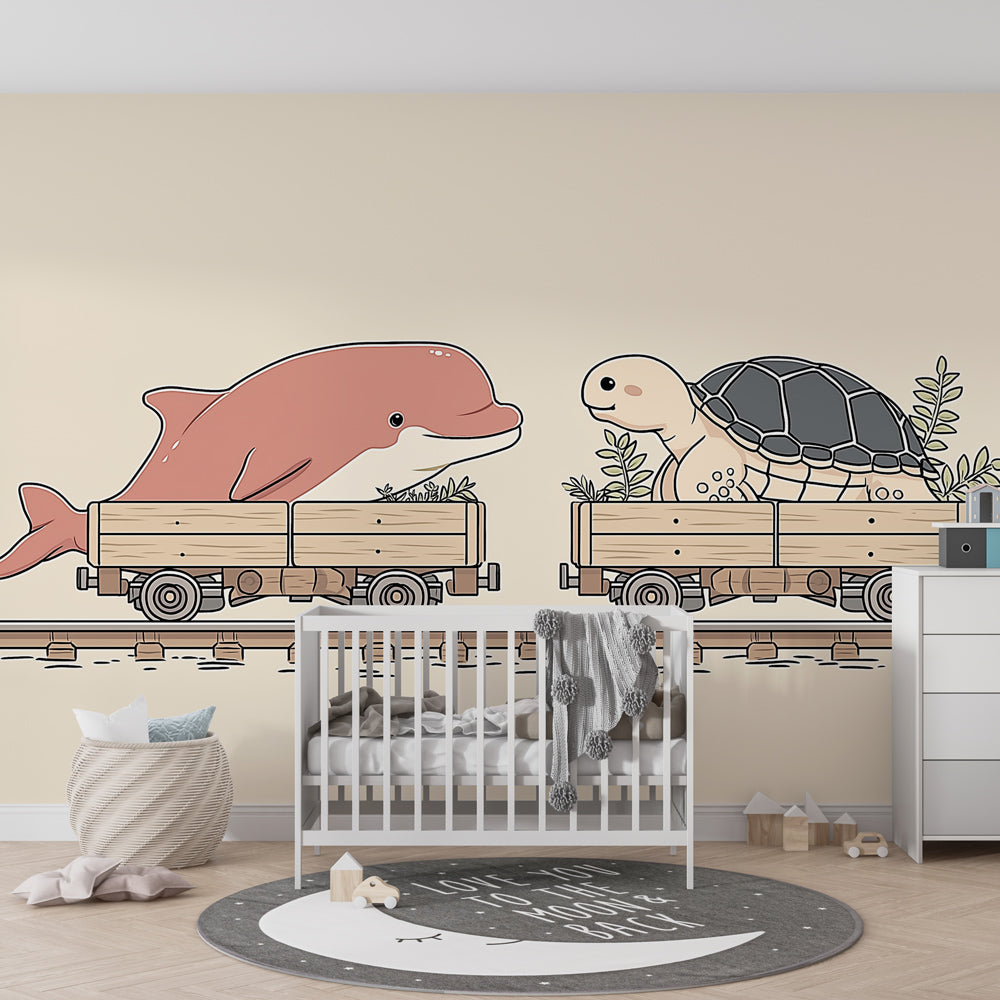 Dolphin and turtle train adventure wallpaper creating playful kids bedroom decor atmosphere