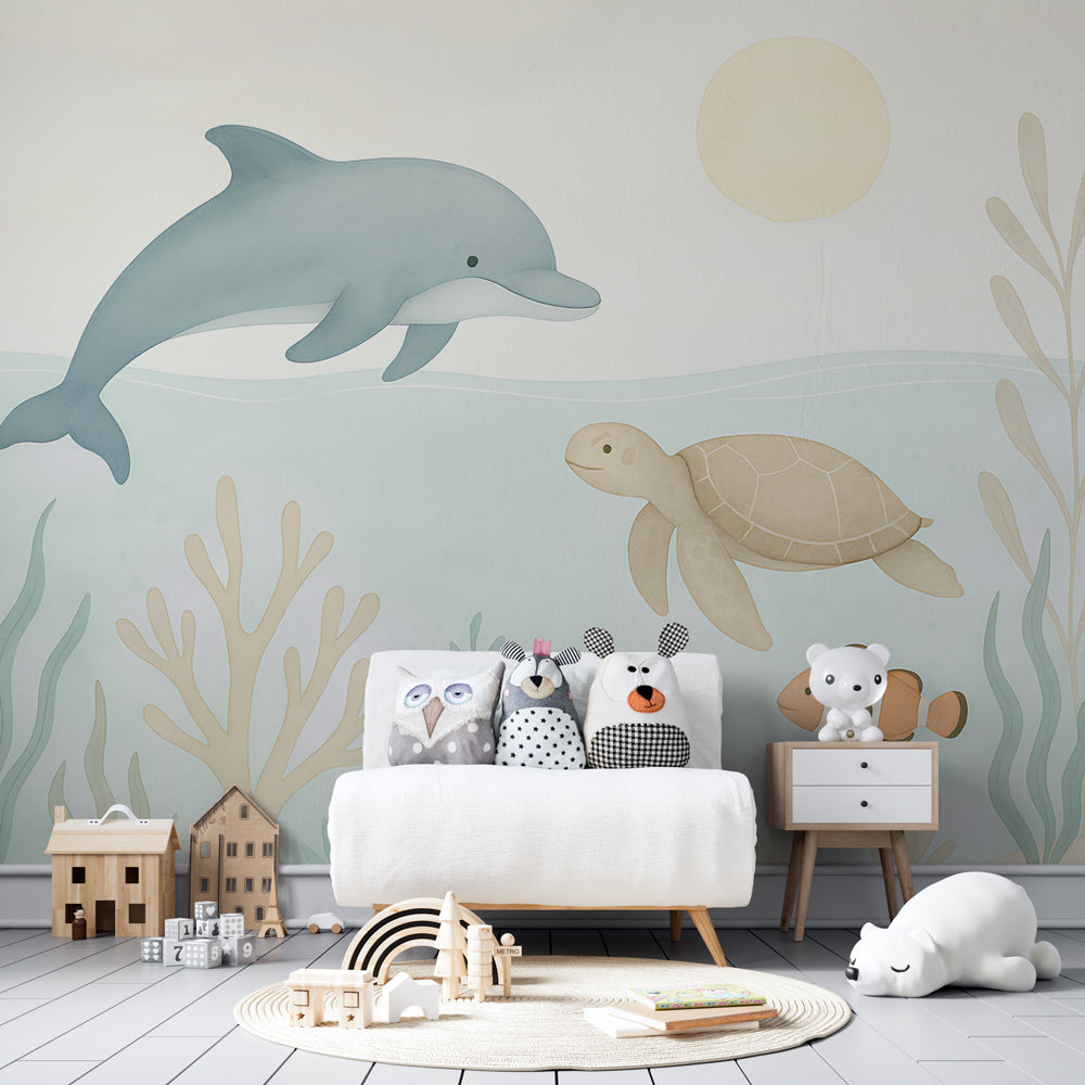 Kids-Mundo dolphin wall mural behind a bed in a light kids bedroom with seagrass detail