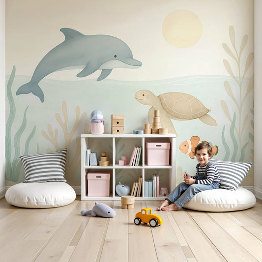 Kids-Mundo dolphin and sea turtle wall mural styled in a calm nursery with soft beige and blue tones