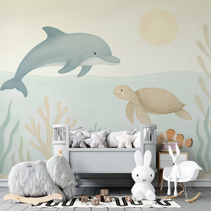 Kids-Mundo ocean wall mural with a leaping dolphin covering a playroom feature wall