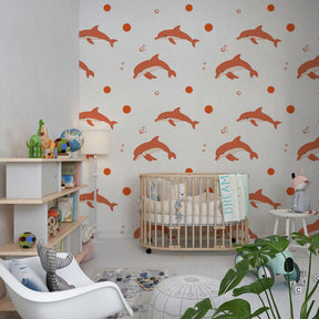 Marine themed mural wallpaper with dolphins and bubbles for kids playroom by Kids-Mundo
