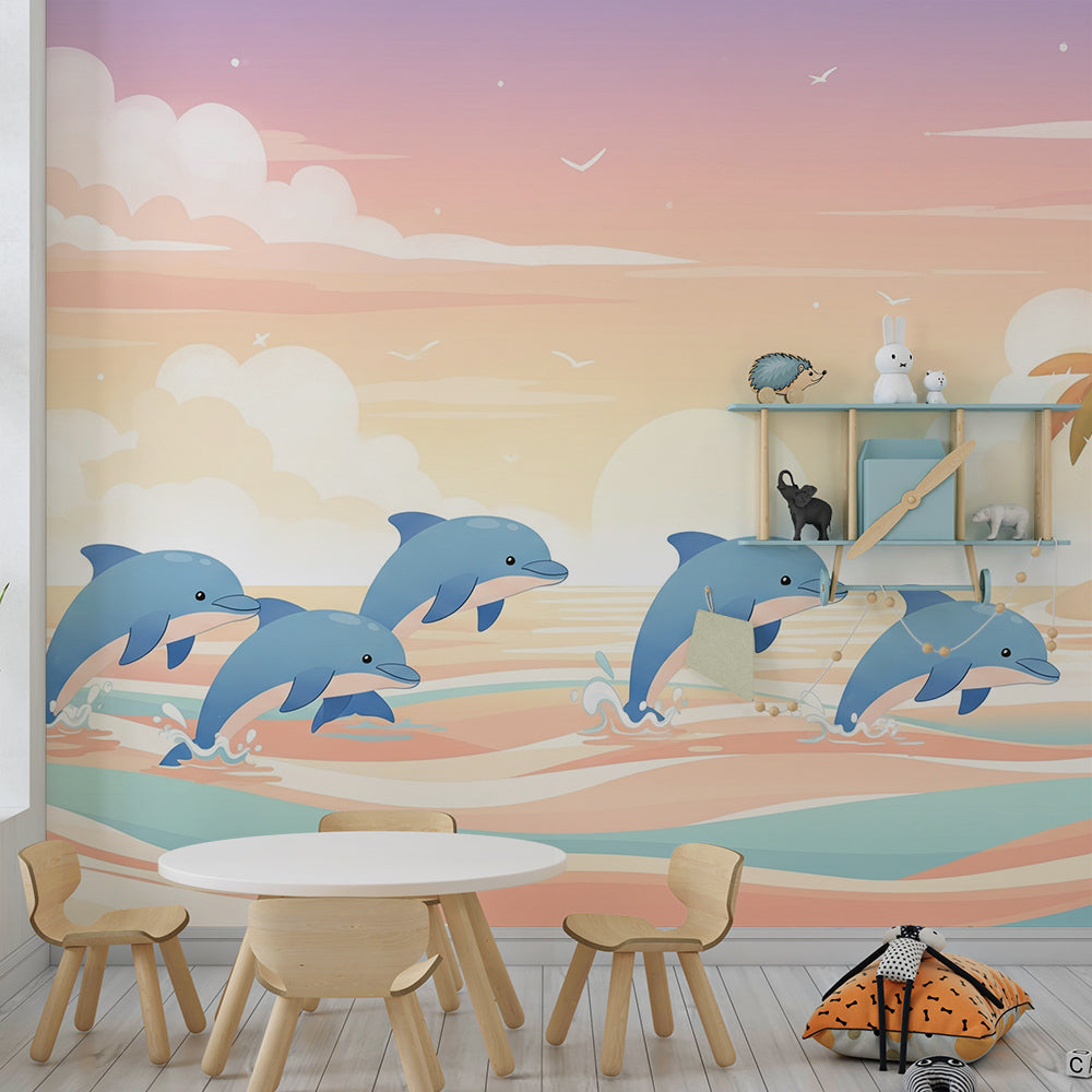 Kids-Mundo dolphin wall mural behind a single bed in a bright kids bedroom with an ocean theme