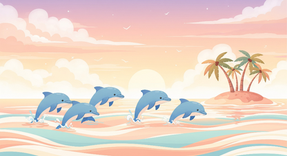 Kids-Mundo dolphin wall mural artwork showing a pod of dolphins leaping over a pastel sunset ocean