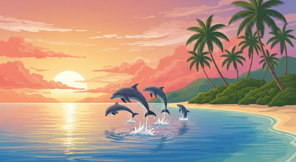 Dolphins Leaping at Sunset Beach Wall Mural