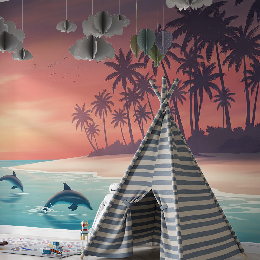 Kids-Mundo tropical dolphin wall mural covering a wall in a bright children's playroom