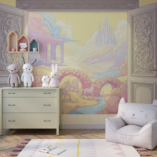 Kids-Mundo fairytale door mural on a kids' bedroom wall with unicorns crossing a stone bridge