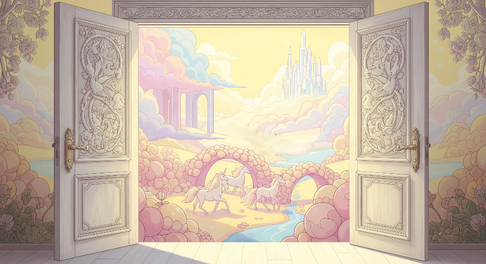 Open Door to a Fairytale Unicorn Castle Wall Mural