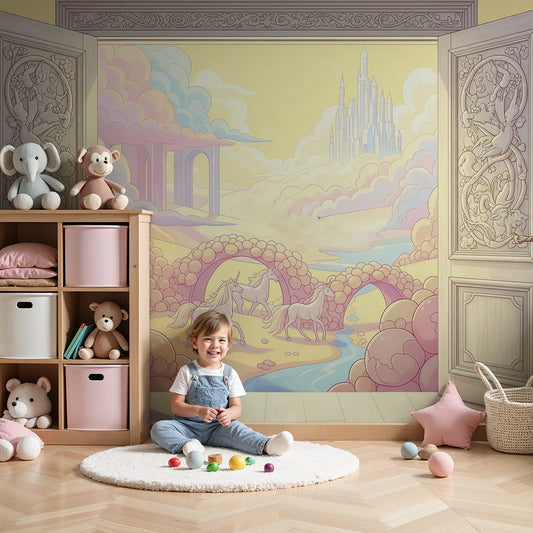 Kids-Mundo unicorn wall mural in a nursery, an open door revealing a fairytale castle scene