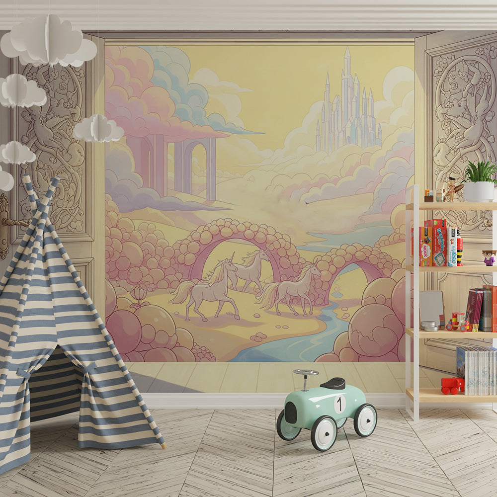 Kids-Mundo unicorn castle door mural brightening a playroom with a pastel fairytale scene