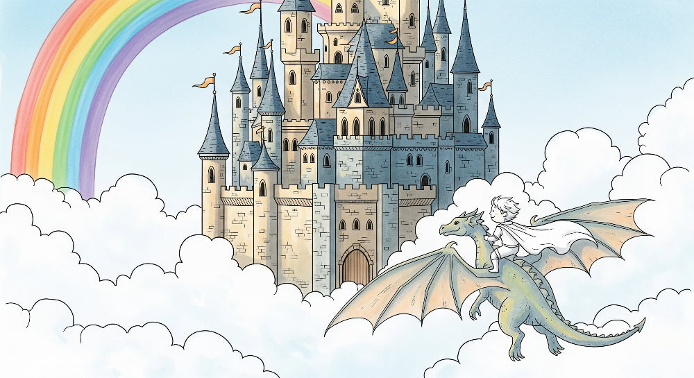 Detailed dragon castle fantasy mural wallpaper design pattern with rainbow and clouds by Kids-Mundo