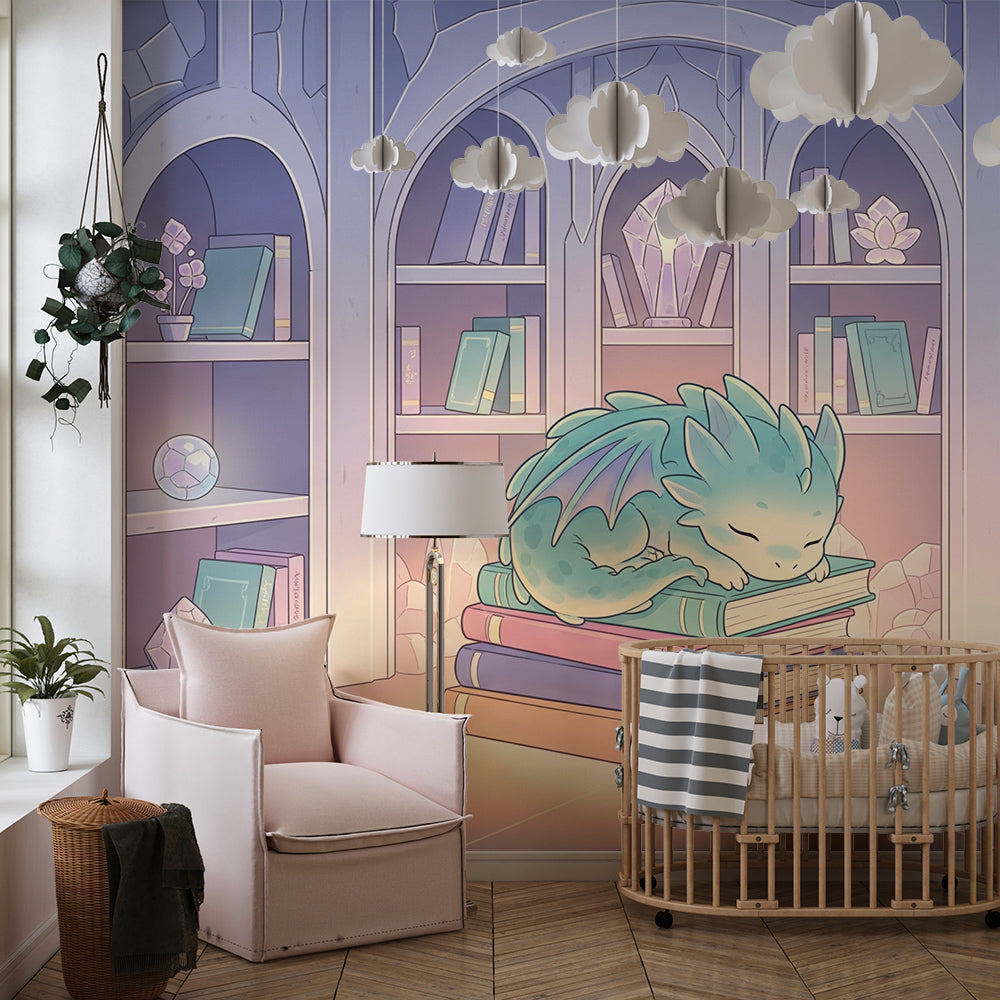 Kids-Mundo dragon and bookshelf wall mural covering a feature wall in a fantasy kids bedroom