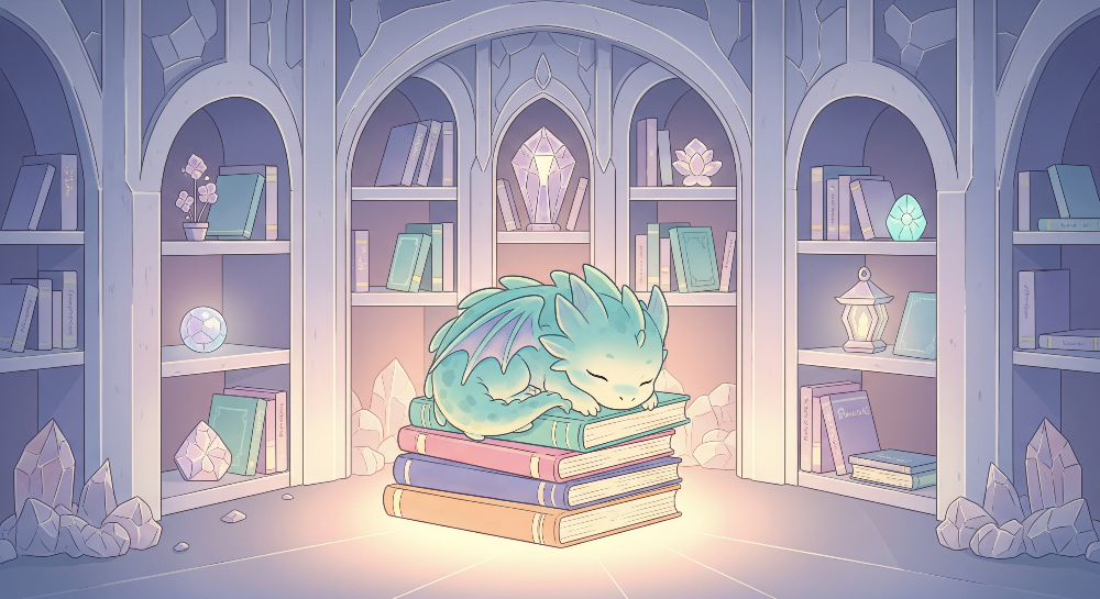 Sleeping Baby Dragon in Enchanted Library Wall Mural