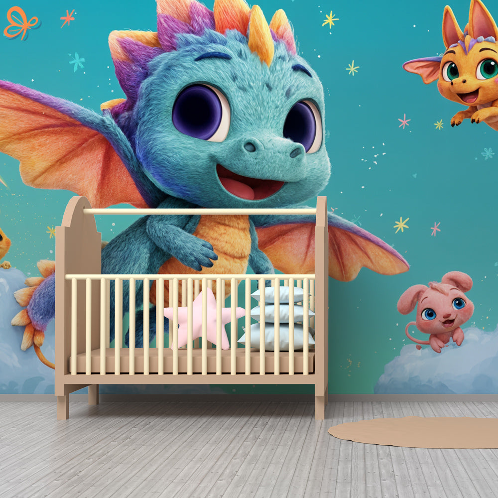 Enchanted dragon wallpaper transforming kids bedroom into fantasy adventure space with colorful creatures