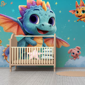 Enchanted dragon wallpaper transforming kids bedroom into fantasy adventure space with colorful creatures