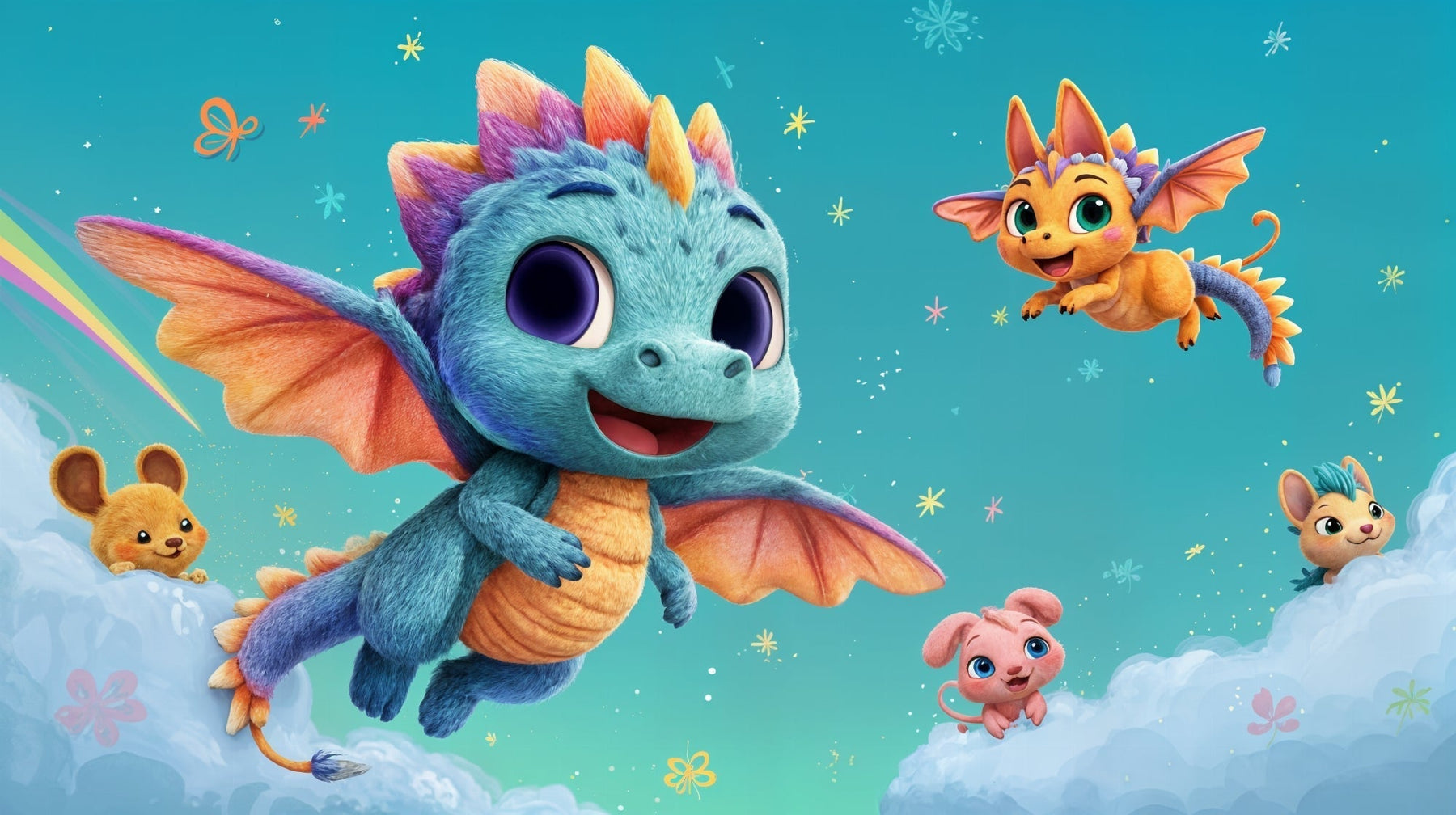 Detailed dragon fantasy mural wallpaper design pattern showing adorable dragons and magical sky elements by Kids-Mundo
