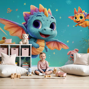 Dragon fantasy mural wallpaper creating magical nursery decor with friendly dragons and rainbows by Kids-Mundo
