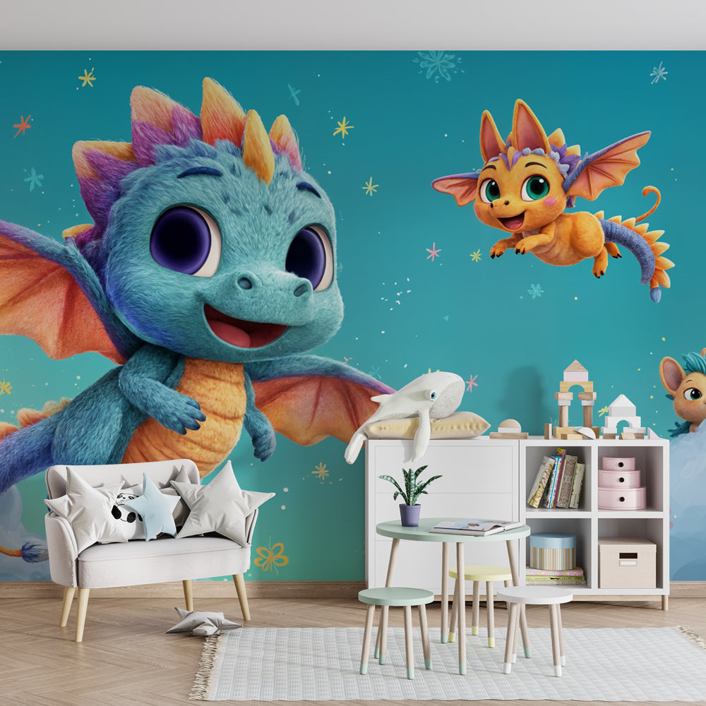 Fantasy dragon mural wallpaper in bright playroom setting with whimsical characters and rainbow clouds