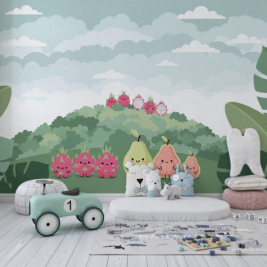 Kids-Mundo fruit character wall mural covering a wall in a child's bedroom