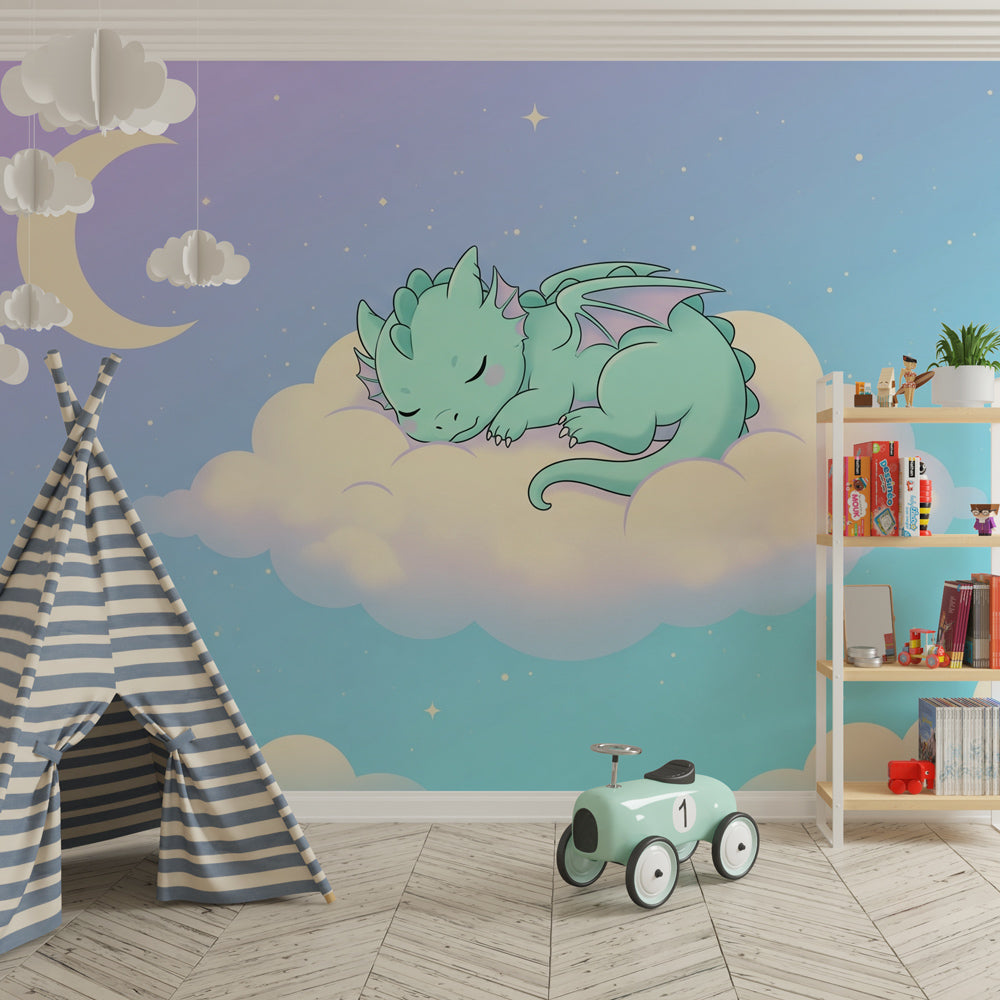 Baby dragon on cloud wallpaper transforming children's bedroom with dreamy pastel colors
