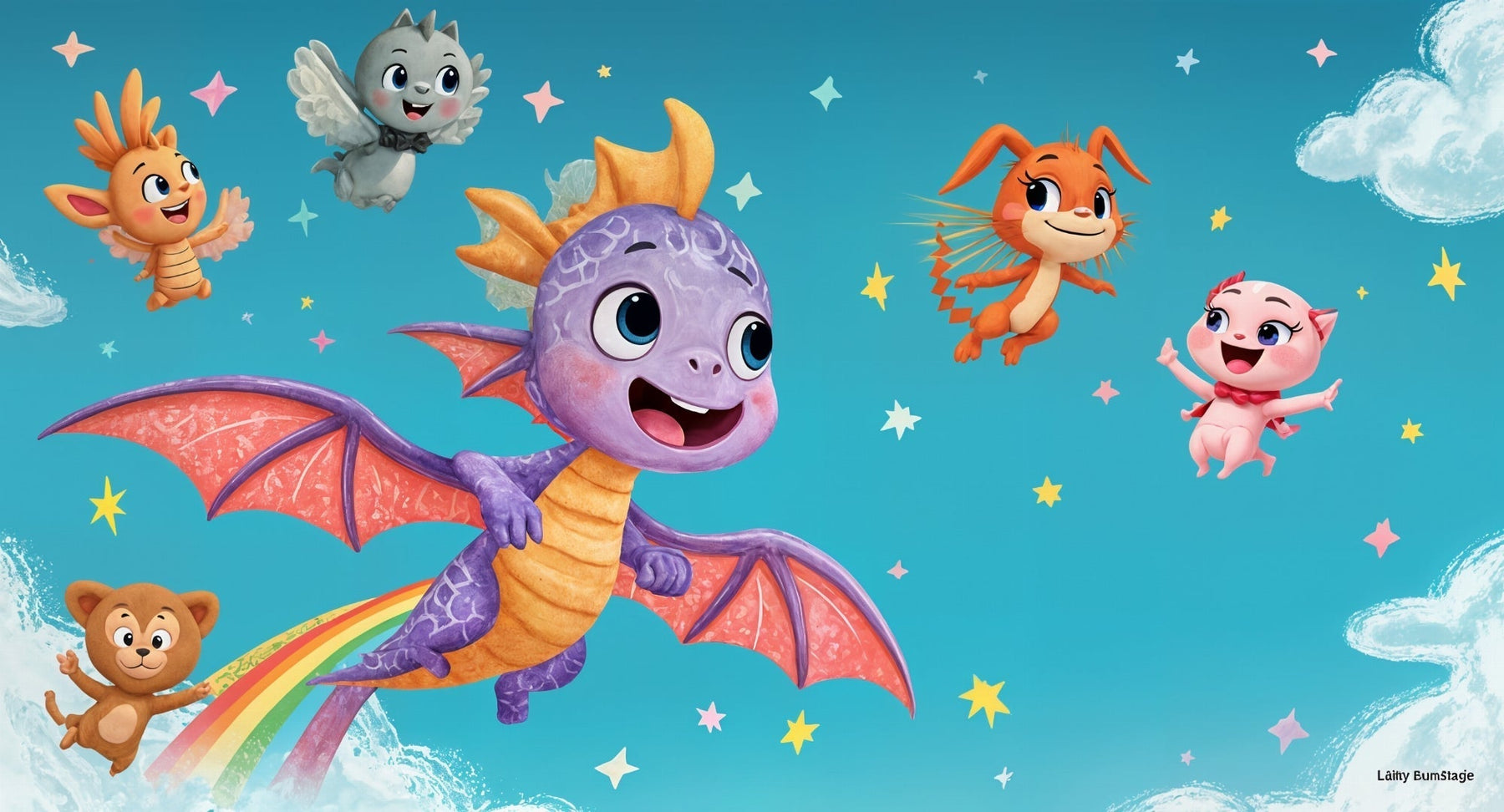 Detailed dragon and clouds mural wallpaper design pattern showing friendly characters by Kids-Mundo